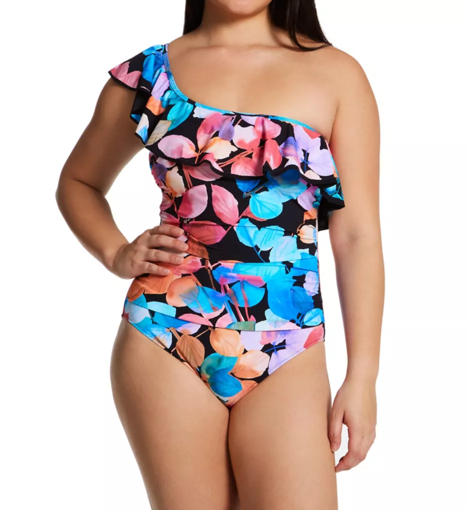Color Rush One Shoulder Ruffle One Piece Swimsuit Multi/Black 6