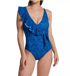 Mehndi V-Neck Ruffled Shoulder One Piece Swimsuit