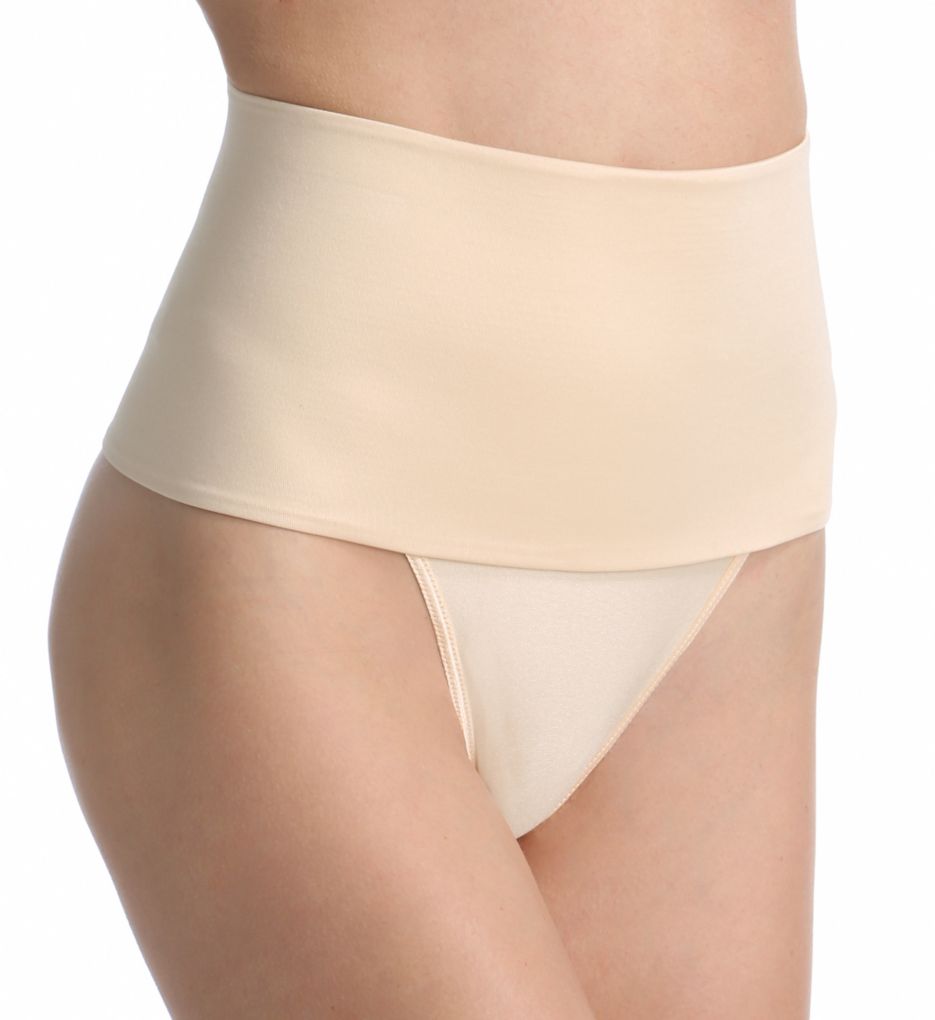Rago Women's Soft Shaping Wide Band Thong Panty in Beige | Plus Size Small | HerRoom.com