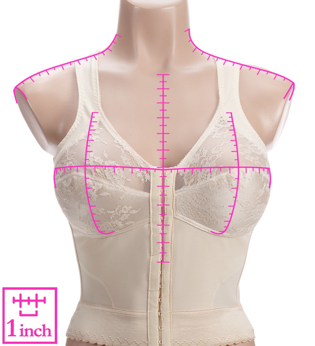 Rago Back Support Longline Bra 9603  – Main View  – Front View  – Back View with HerRoom measurement overlay