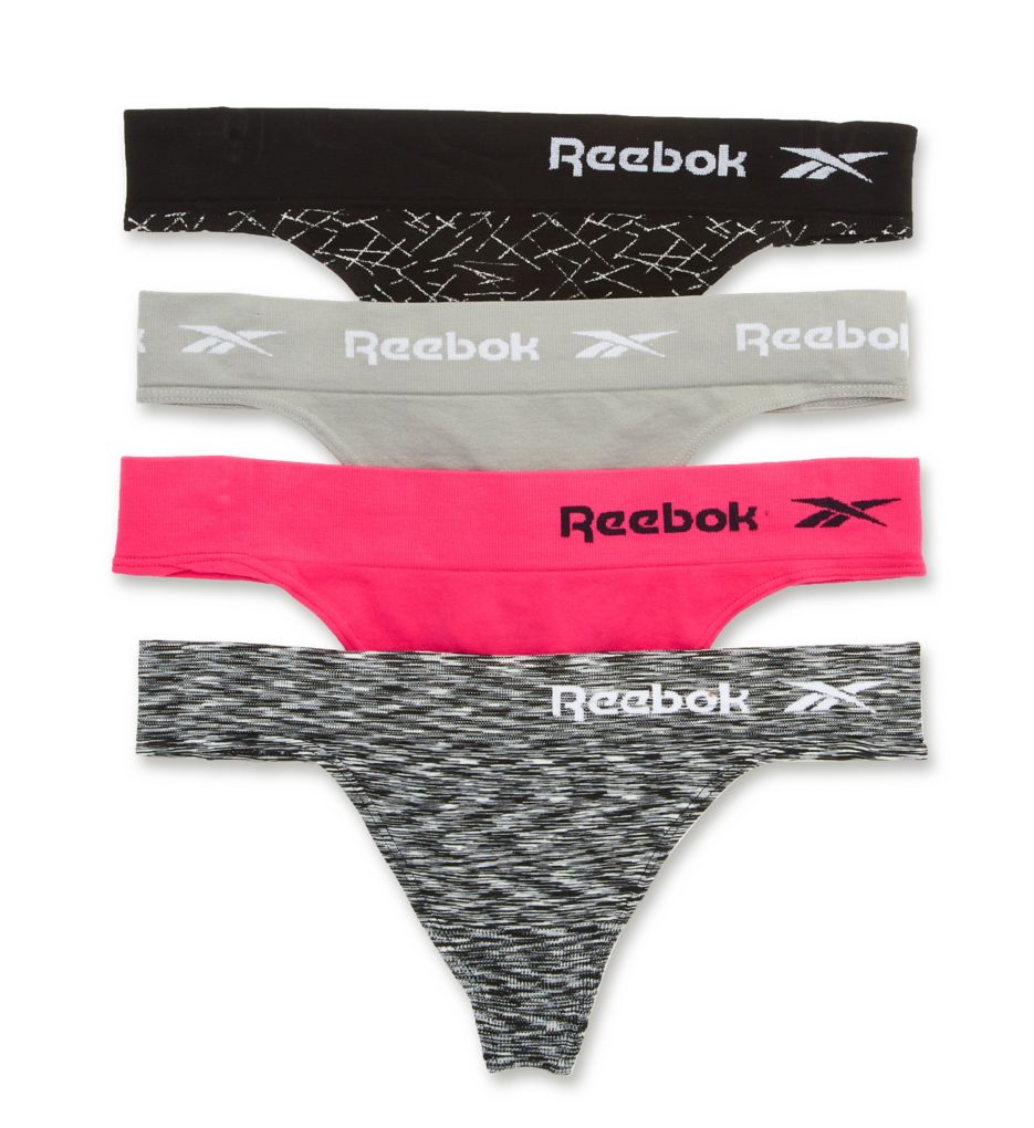 Reebok Women's Seamless Thong Panty - 4 Pack in Black/Pink/Grey | Size Large | HerRoom.com