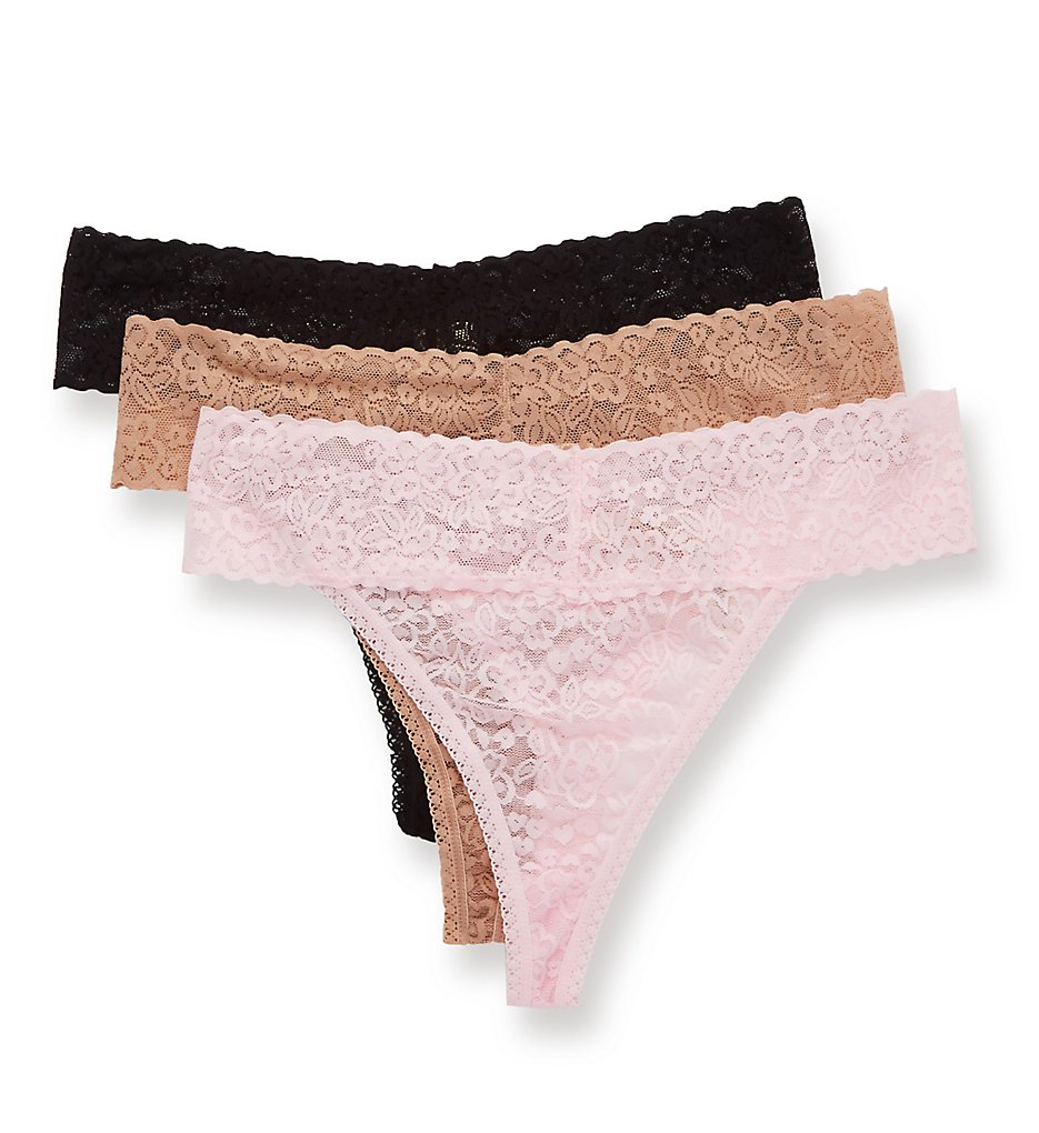 Rhonda Shear : Rhonda Shear 2912X3 Lace Thong - 3 Pack (Nude/Black/Pink XS/S)