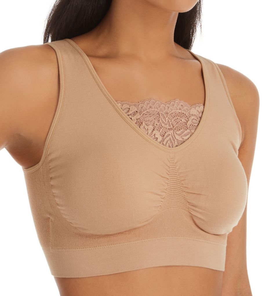 Cotton Blend Seamless Bra with Lace Overlay-gs