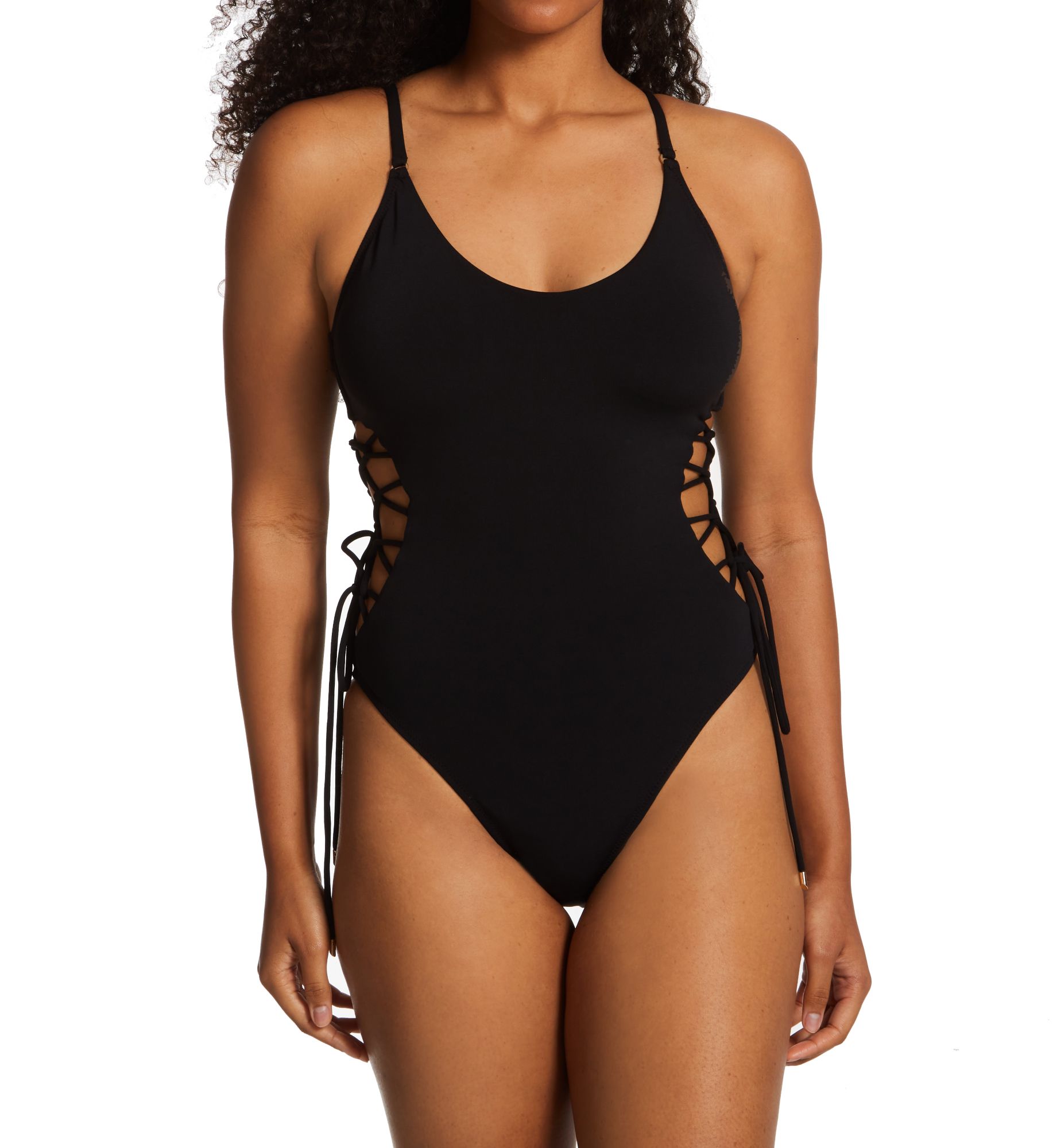 Robin Piccone Aubrey Lace Up One Piece Swimsuit Black 14  - Image 1