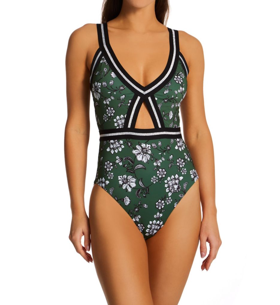 Pretty Flower Zebra Plunge One-Piece Swimsuit 