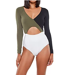 Block Party Long Sleeve One Piece Swimsuit Black/White/Green L