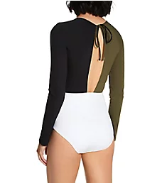 Block Party Long Sleeve One Piece Swimsuit Black/White/Green L