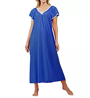 Cameo Nylon Tricot Short Sleeve Long Gown Navy M