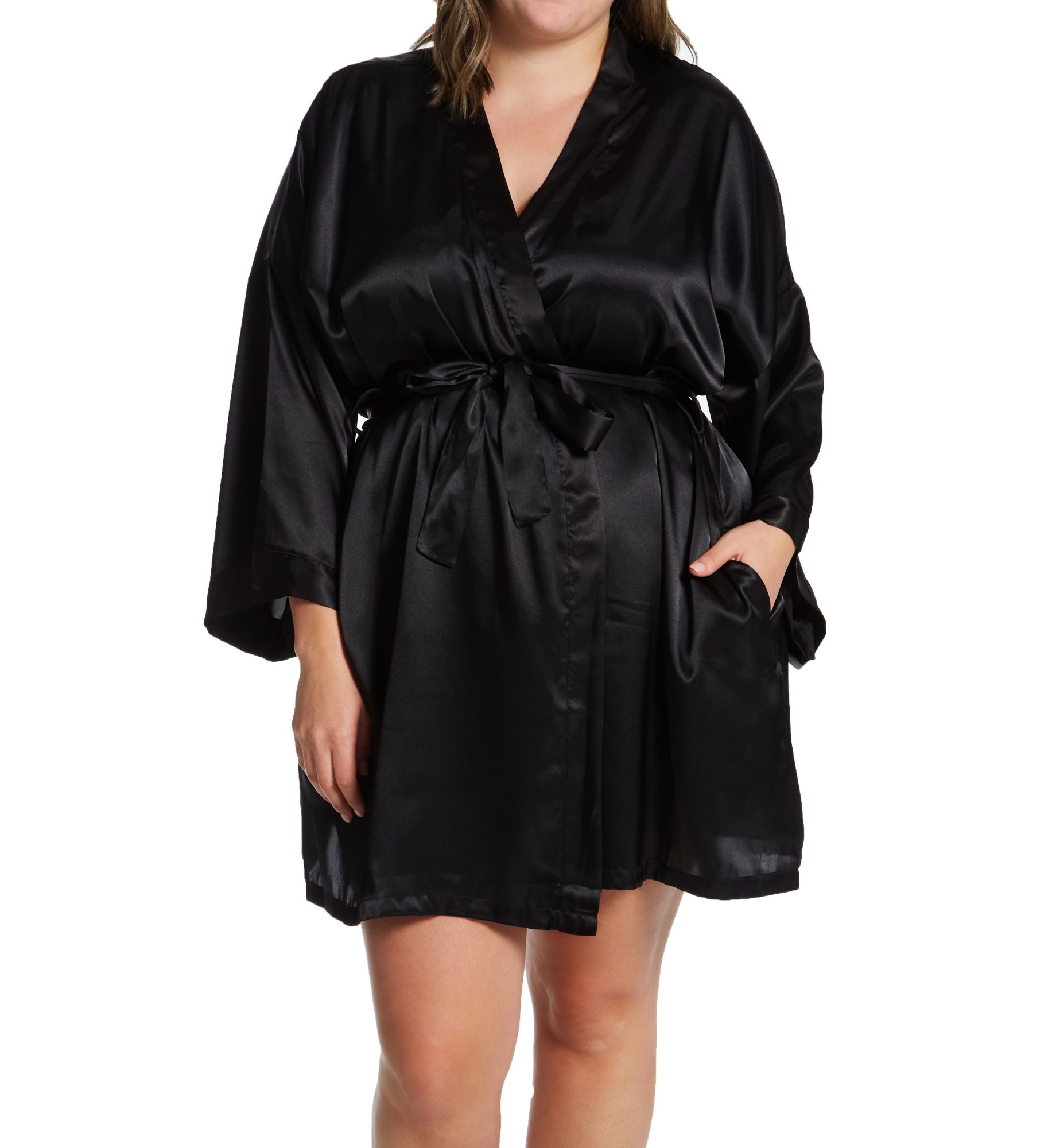 Plus Charming Satin Wrap Robe Black 2X/3X