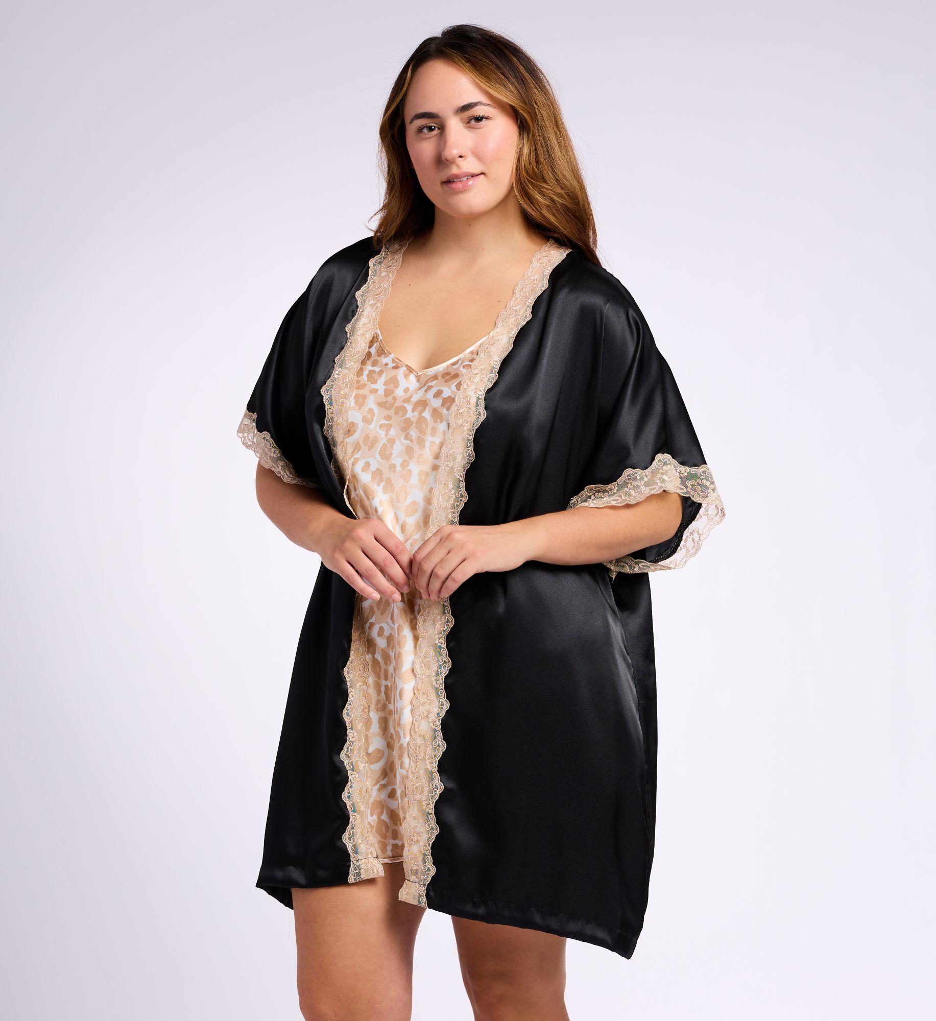 Shadowline Women's Plus Charming Lace Trim Satin Robe in Black | Size: 2X/3X | HerRoom.com