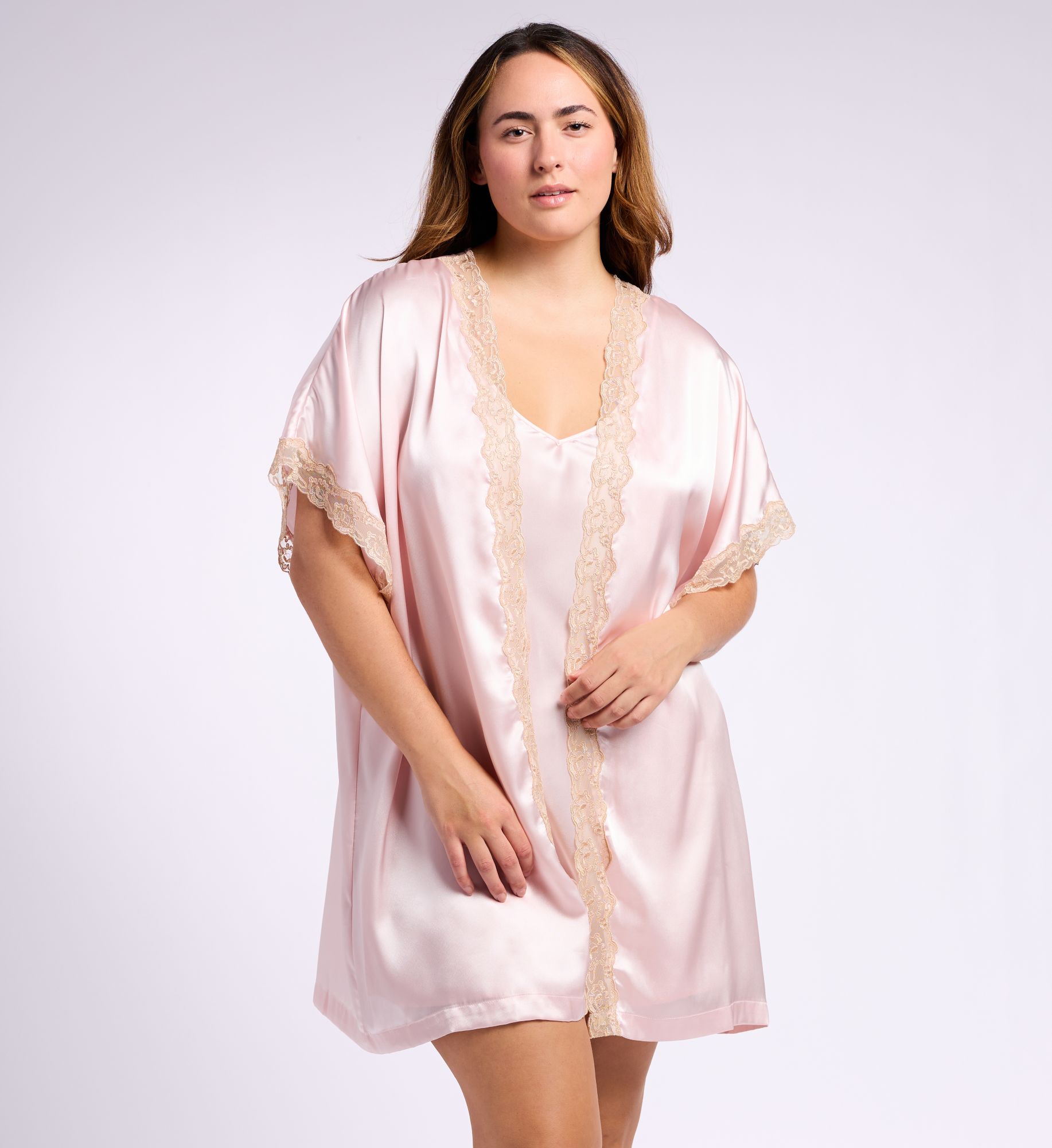 Shadowline Women's Plus Charming Lace Trim Satin Robe in Blush | Size: 2X/3X | HerRoom.com