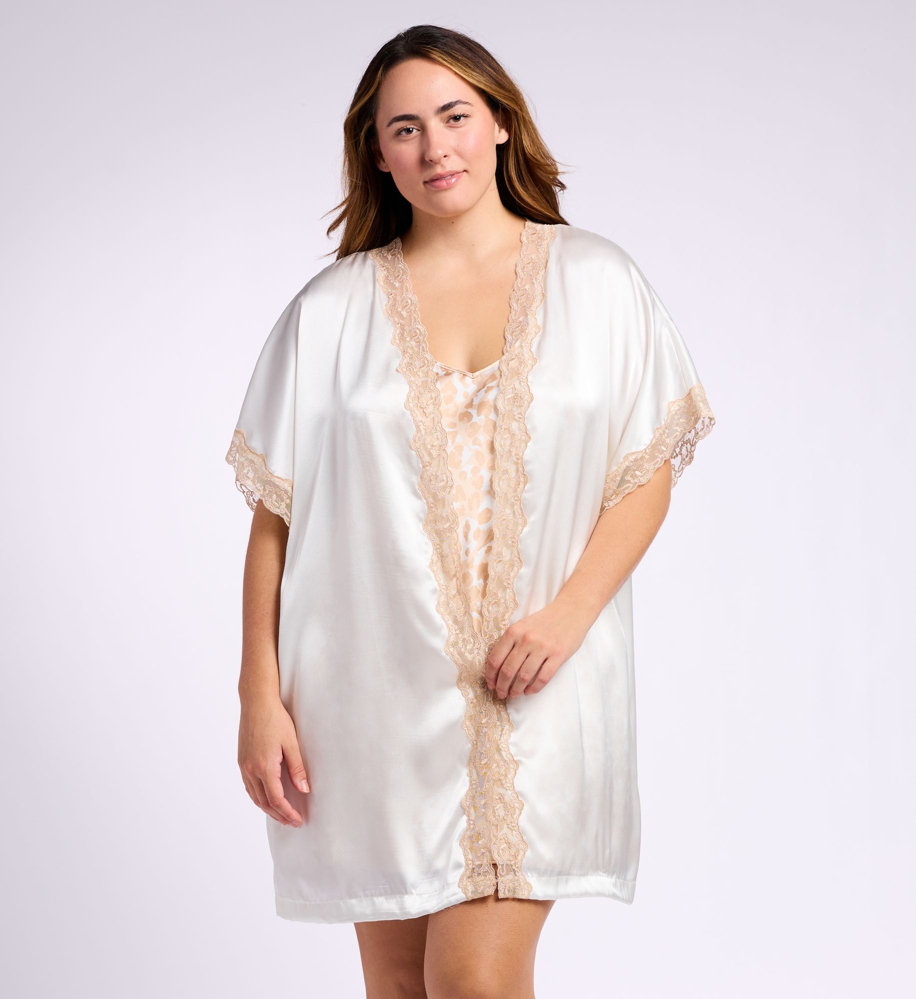 Shadowline Women's Plus Charming Lace Trim Satin Robe in Ivory | Size: 2X/3X | HerRoom.com