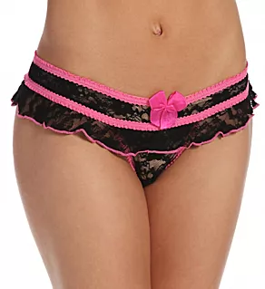 Stretch Lace Open Front Crotchless Panty Black/Pink S/M