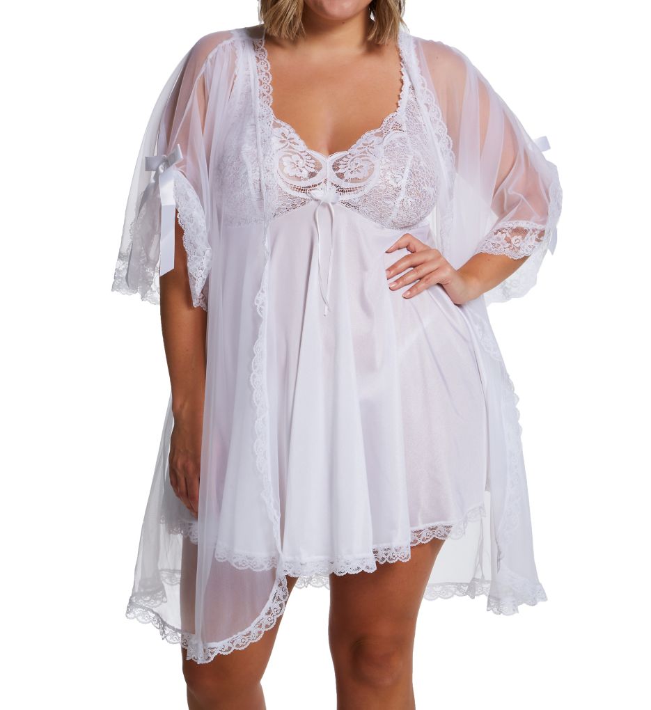 PLUS SIZE Shirley of Hollywood Lace Babydoll White Beautiful 3pc Babydoll  Peignoir Set. 