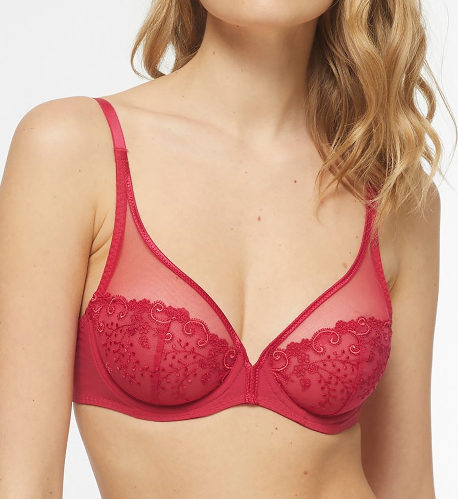 Simone Perele Women's Delice Sheer Plunge Bra in Red | Plus Size 30G | HerRoom.com
