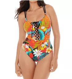 Wiki Tiki Suga Babe Lace Up One Piece Swimsuit Hibiscus S