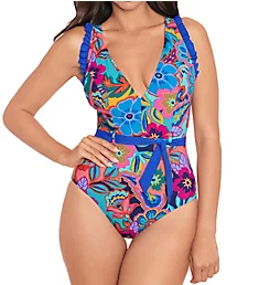 Tapestry Cinch Ruffle Sleeve One Piece Swimsuit