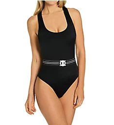 One Piece Swimsuit with Belt Black Hue with Stripe S