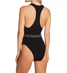 One Piece Swimsuit with Belt Black Hue with Stripe S