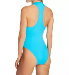 Zip Front One Piece Swimsuit Turquoise XS