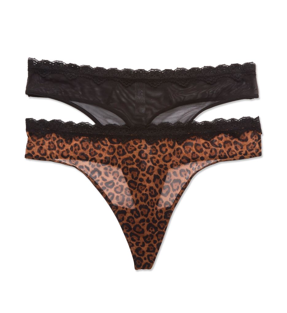 Smart and Sexy Women's Lace Trim Thong Panty - 2 Pack in Black/Leopard | Size 8 | HerRoom.com