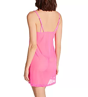 Mesh and Lace Trim Chemise Electric Pink S