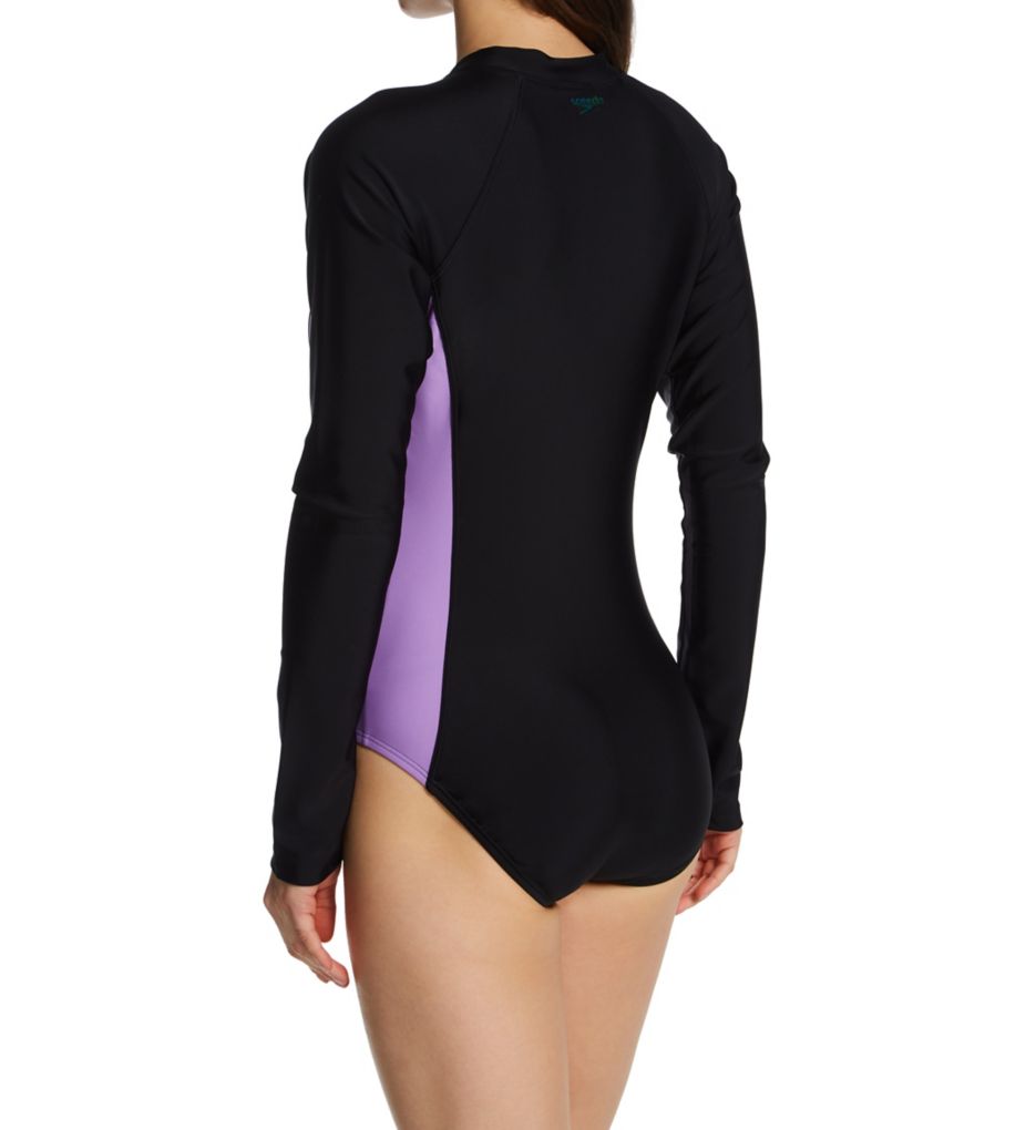 Women's UPF 50+ 2 Piece Rash Guard Long Sleeve Padded Front Zipper Swimsuits  Swim Shirt with Bottom Short Built in Bra -XL 