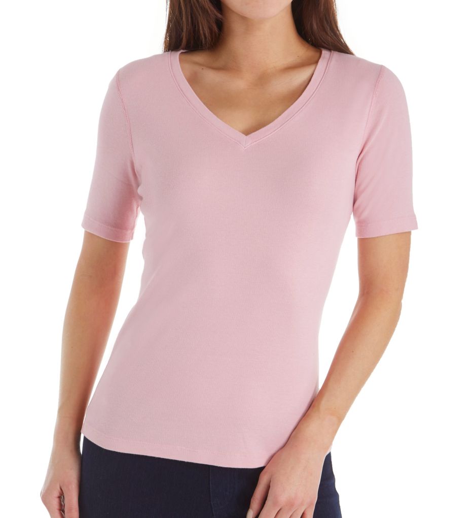 Cotton Knit Elbow Sleeve V-Neck Tee-acs