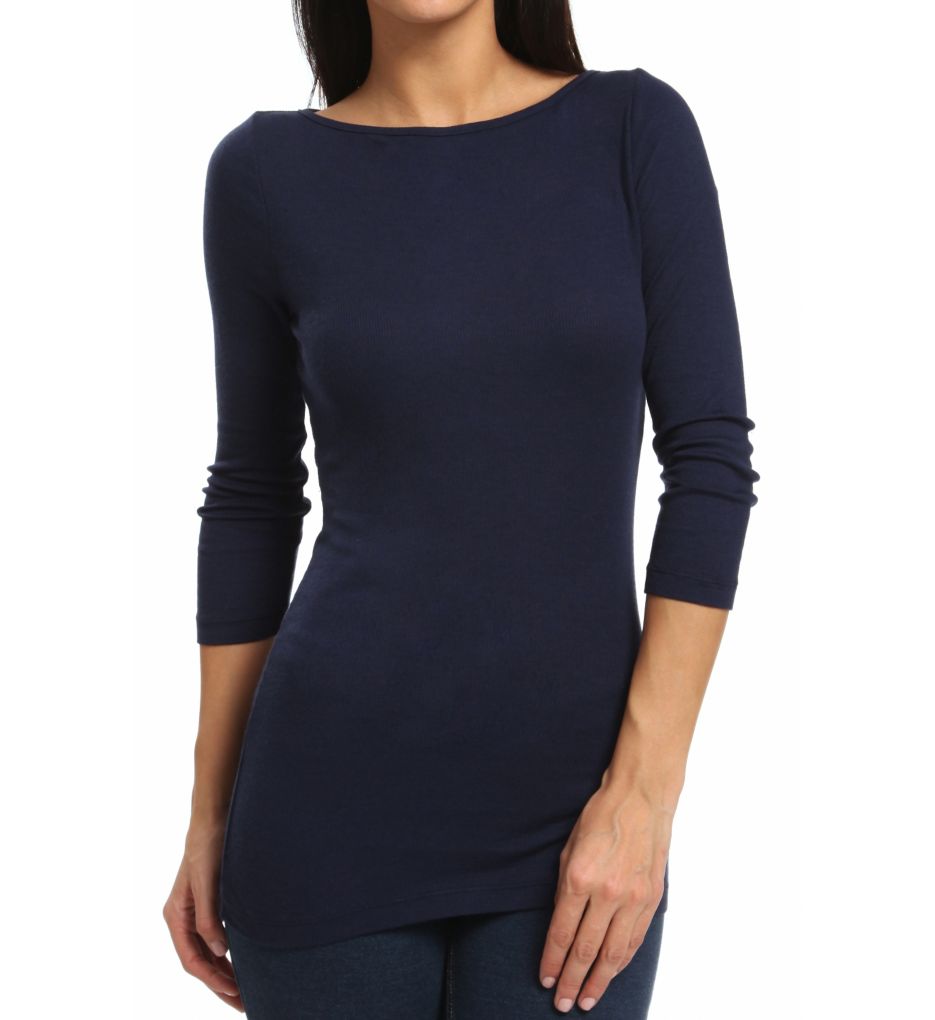 2X1 Mini Rib 3/4 Sleeve Boat Neck Top-fs