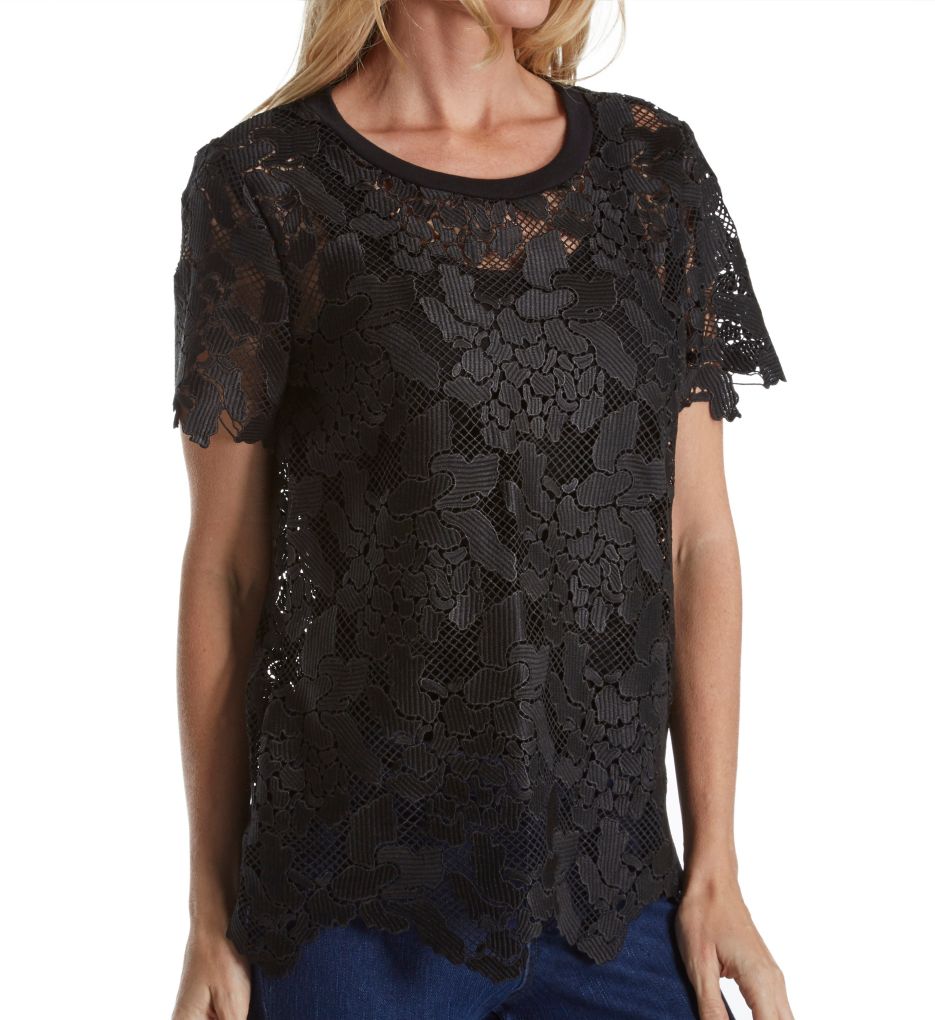 Floral Lace Short Sleeve Crew Neck Top-acs