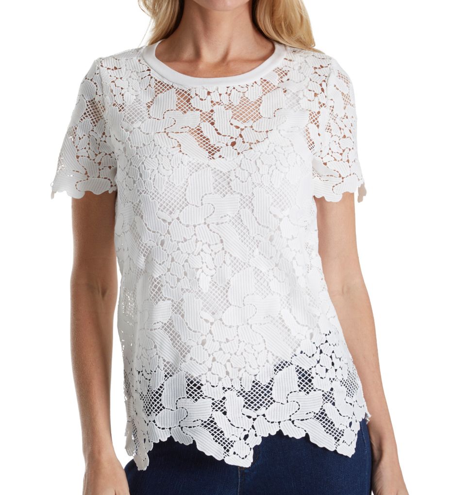 Floral Lace Short Sleeve Crew Neck Top-fs