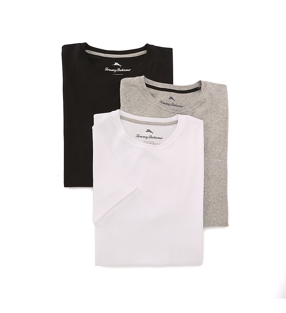 Tommy Bahama 2161045 100% Cotton Ribbed Crew Neck T-Shirts - 3 Pack (Black/Grey/White)