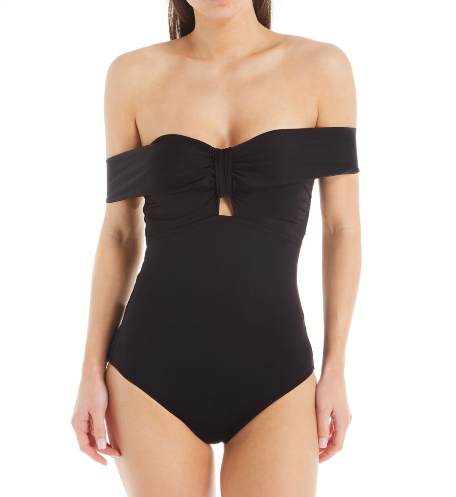 Pearl Solids Draped Shoulder One Piece Swimsuit-fs