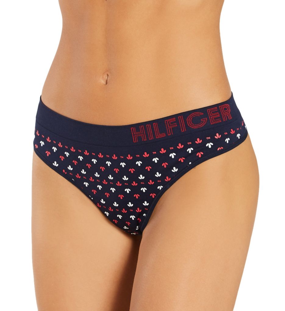 TOMMY HILFIGER Tonal Logo Lace Edge Thong in Desert Sky