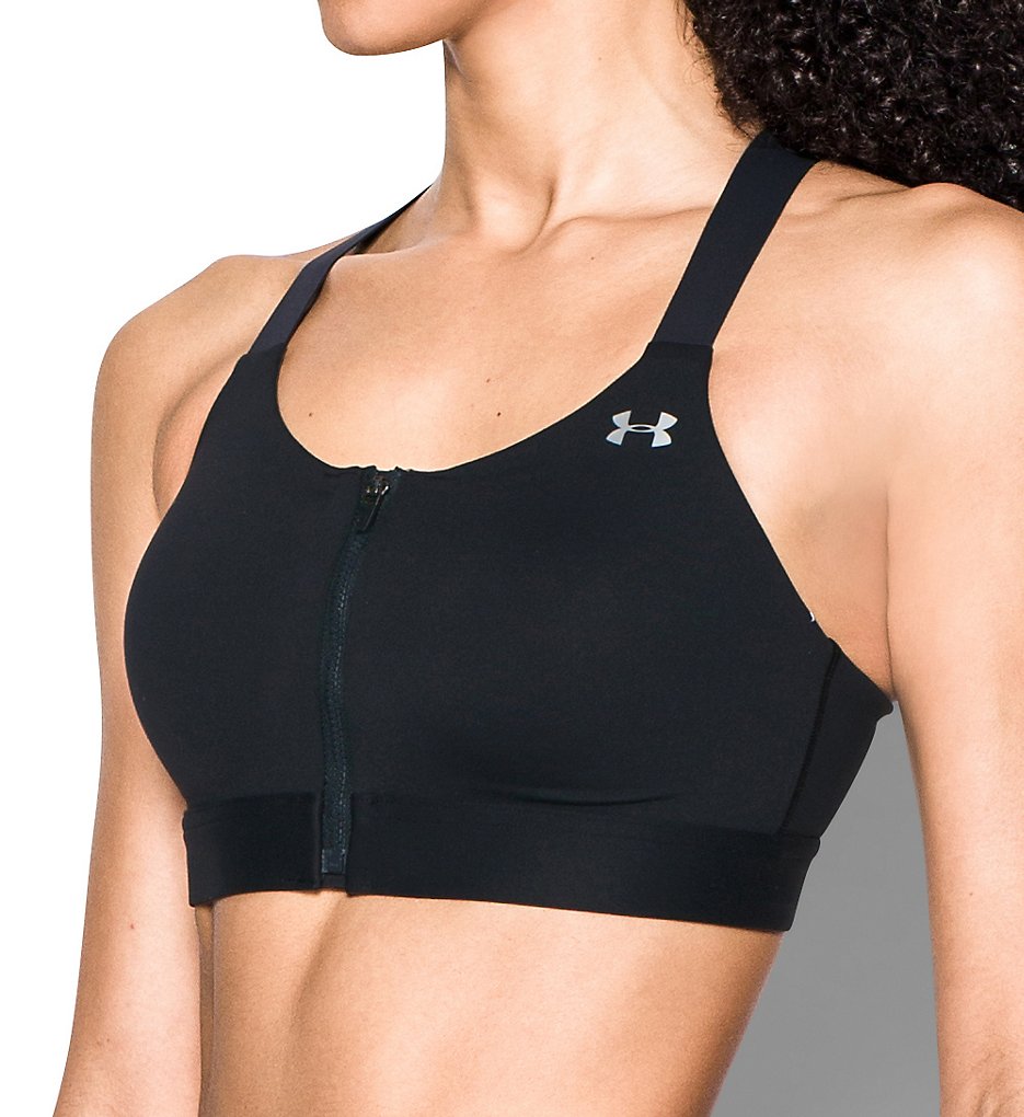 Under Armour >> Under Armour 1293829 Armour Eclipse High Impact Zip Front Sports Bra (Black/Metallic Silver 34A)