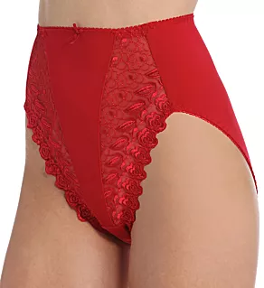 Embroidered Lace and Satin Hi-Cut Brief Panties Red 5