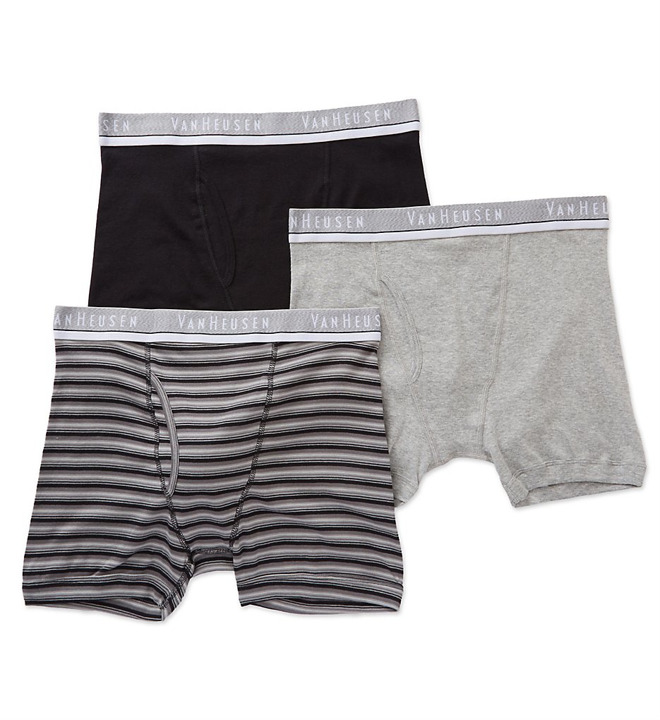 Van Heusen 171PB02 Men's Cotton Boxer Briefs - 3 Pack (Black/Stripe/Grey)