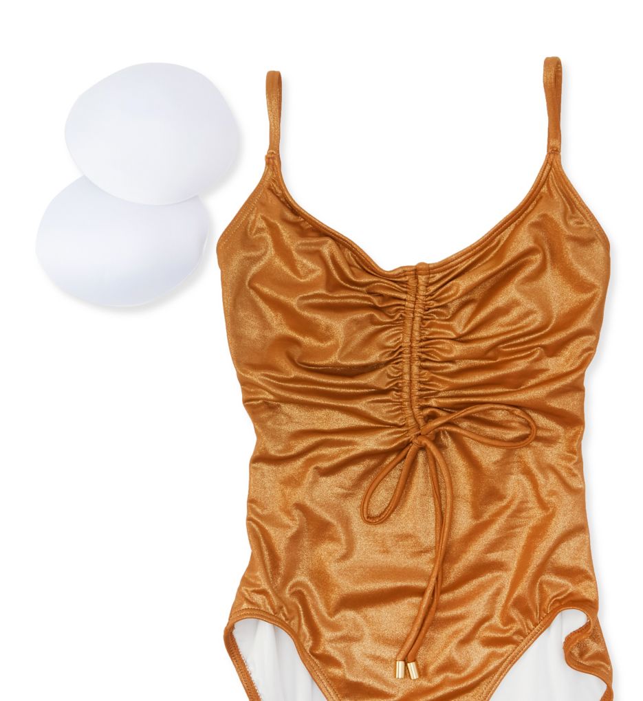 Gold Shimmer Cinch Front V-Neck One Piece Swimsuit-cs6