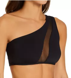 Mesh Cutouts One Shoulder Mesh Bikini Swim Top Black XS