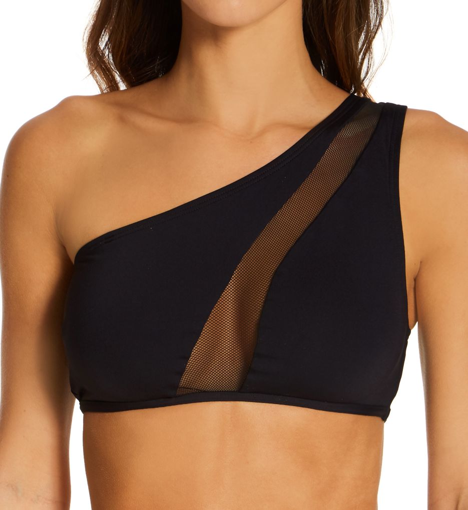 Mesh Cutouts One Shoulder Mesh Bikini Swim Top-fs