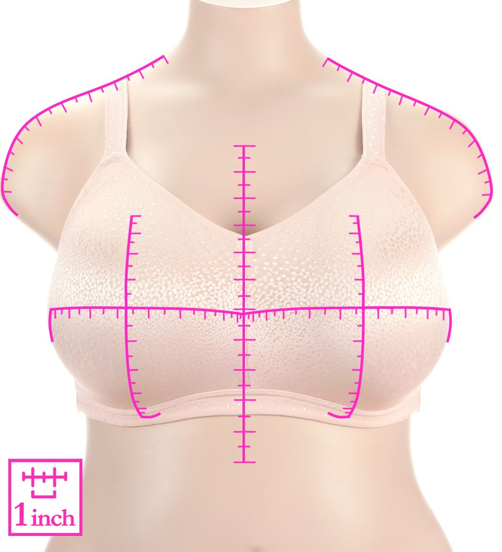 Wacoal Back Appeal Wireless Bra 852403  – Main View  – Front View  – Back View with HerRoom measurement overlay