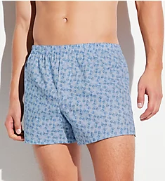 Cotton Poplin Printed Boxer Shorts with Fly Light Blue M
