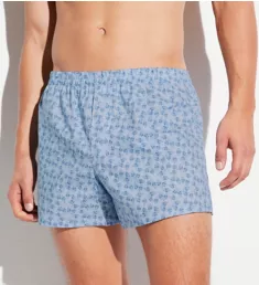 Cotton Poplin Printed Boxer Shorts with Fly Light Blue M