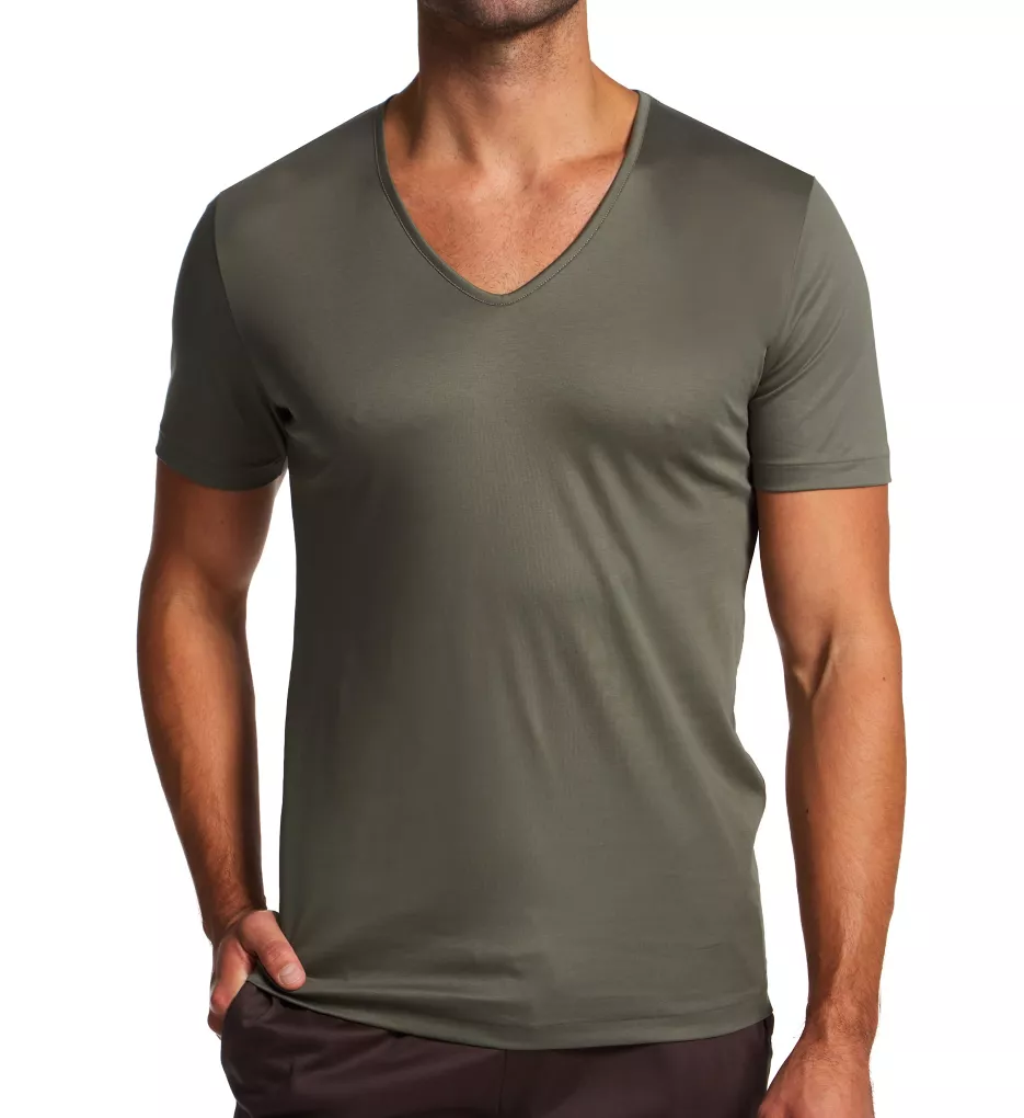 Sea Island Luxury Cotton V Neck T-Shirt Dark Sage M