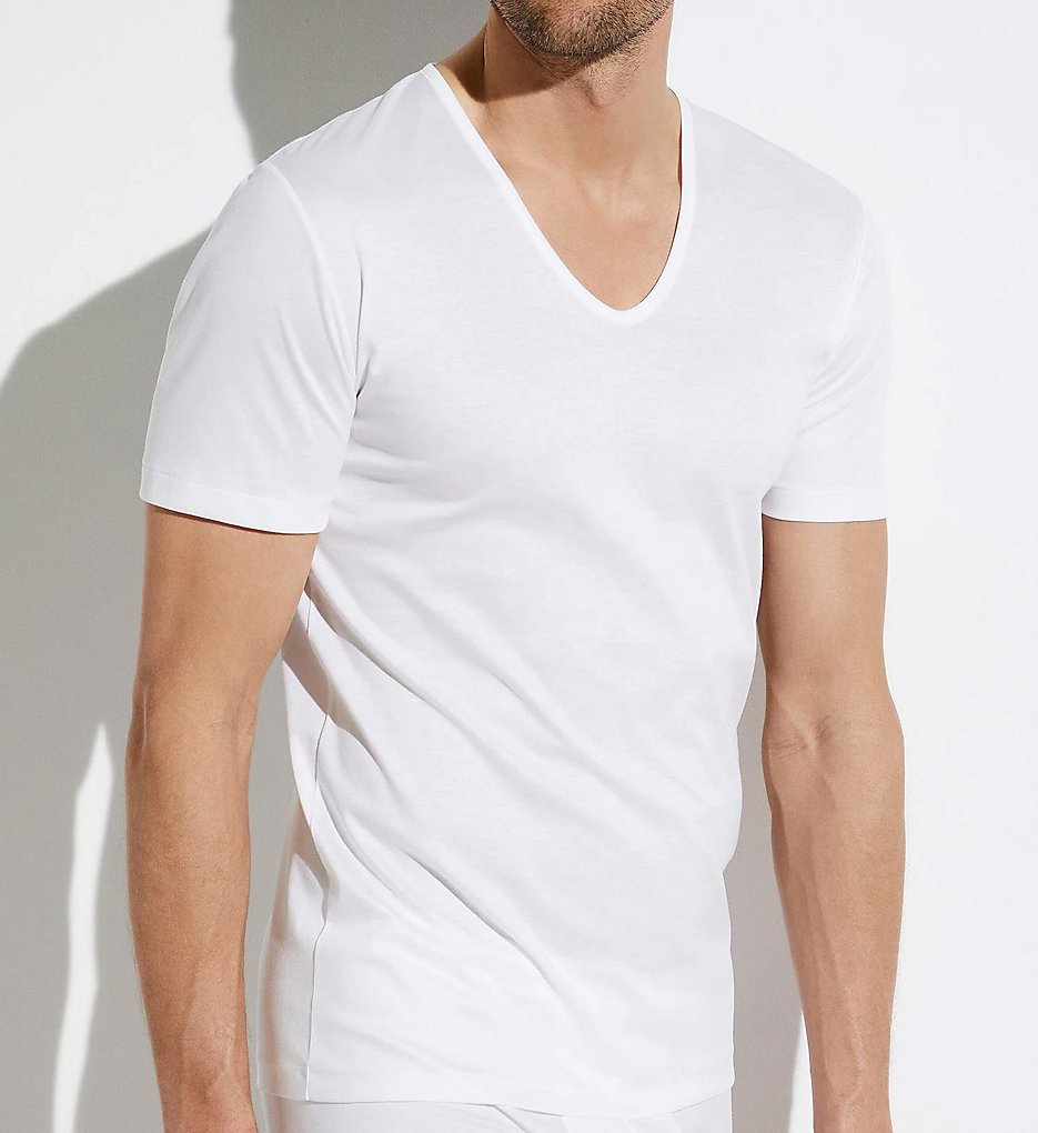 Zimmerli 2861442 Sea Island Luxury Cotton V Neck T-Shirt (White)